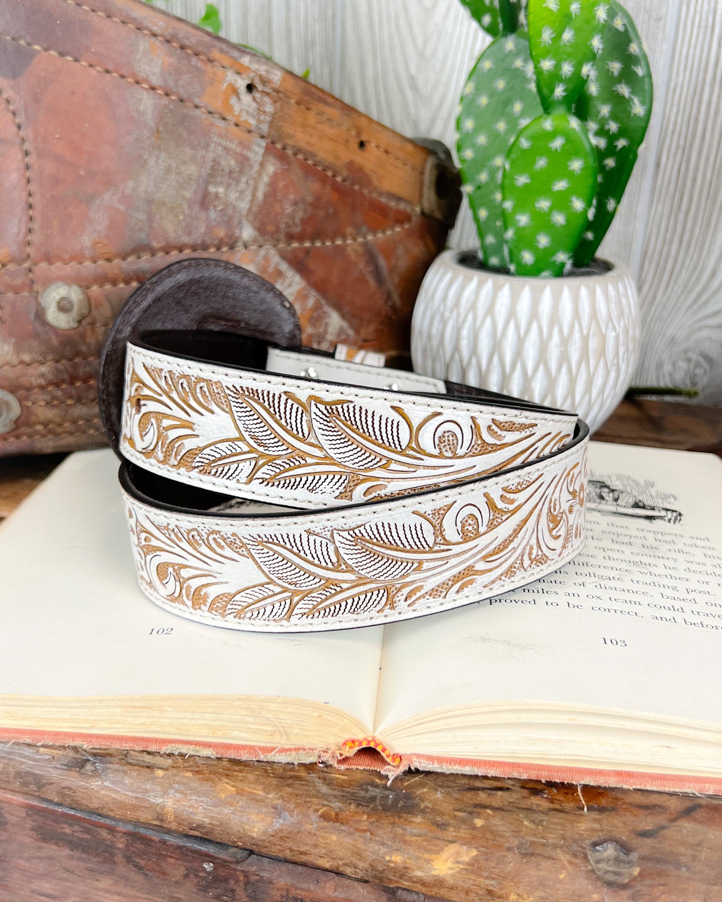 High Desert Tooled Leather Belt - White