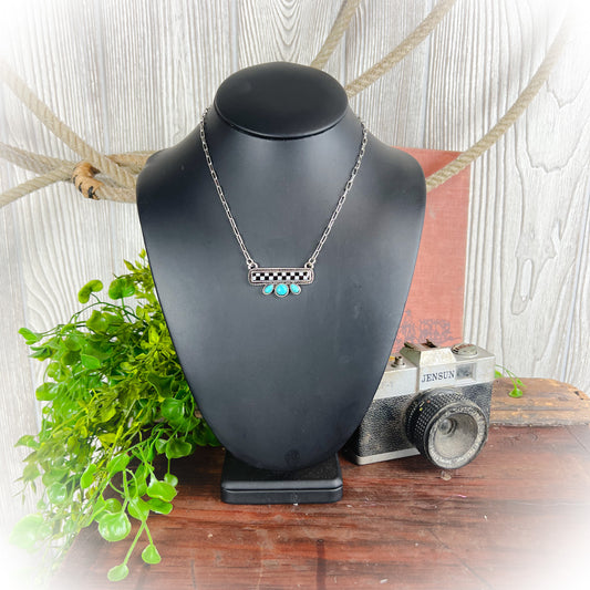 Western Checkered Bar Necklace with Turquoise Stones – Silver Cowgirl Jewelry