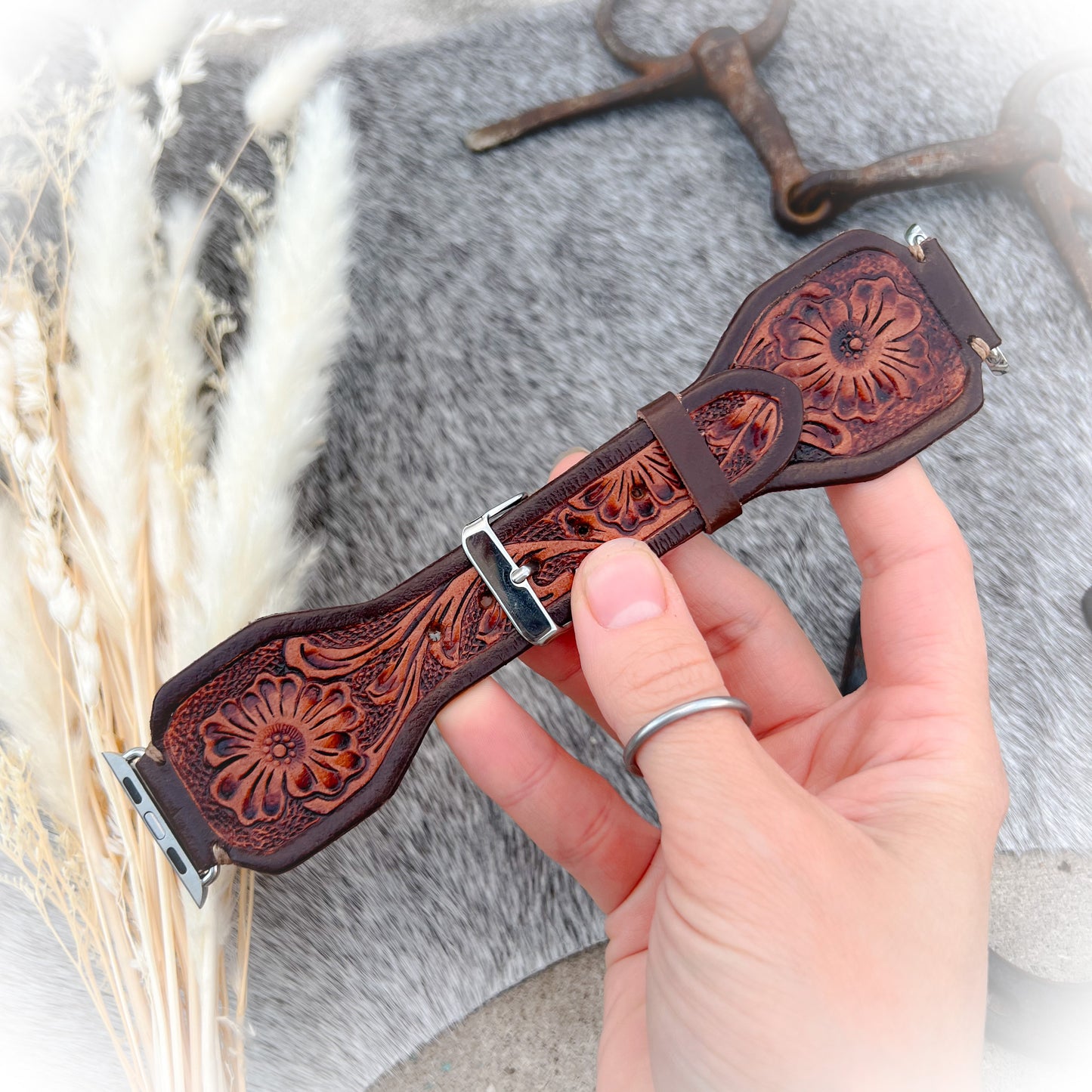 Lone Star Tooled Leather Watch Band - Antique Mahogany Color - 38mm-41mm