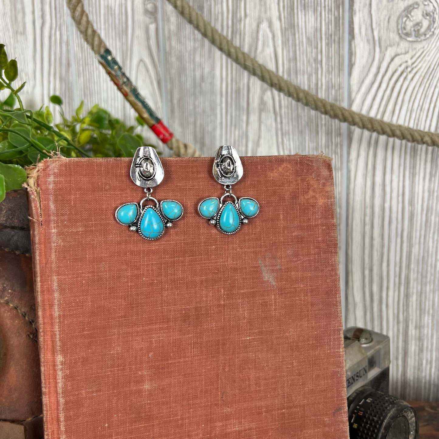 Bring The Rodeo - Western Cowboy Hat Earrings - Turquoise