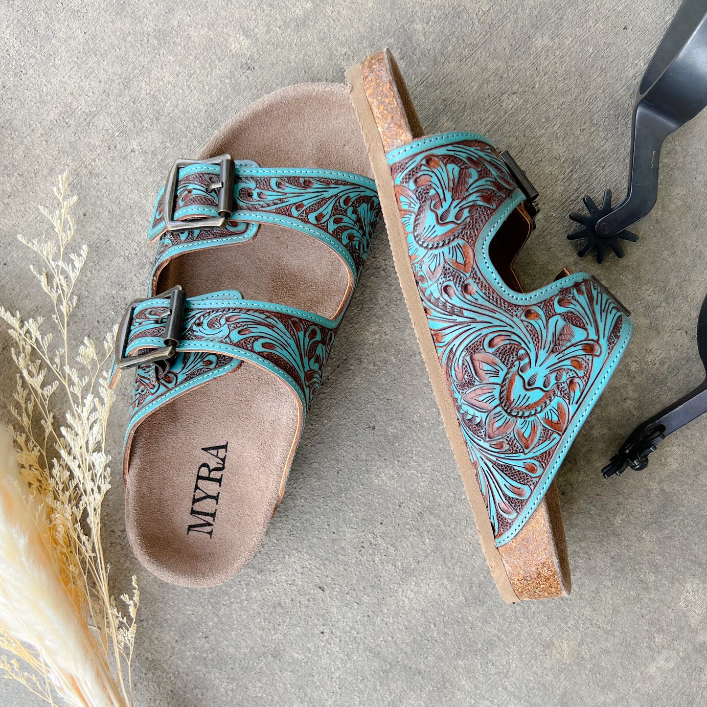 Rustic Rodeo Tooled Leather Slide Sandals – Turquoise & Brown