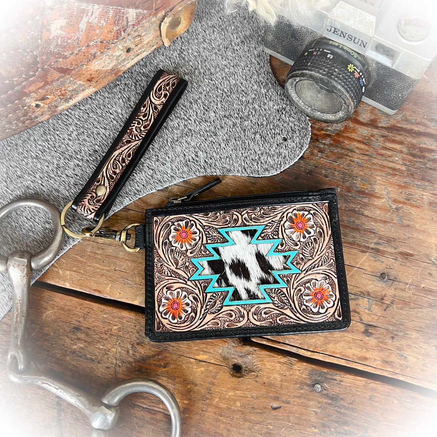 Western Nation Tooled Leather & Cowhide Card Holder