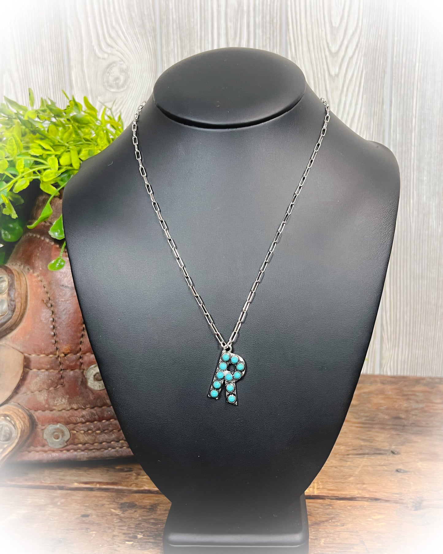 Western Turquoise Stone Initial Necklace