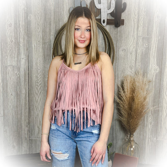 Mauve Fringe Suede Tank Top