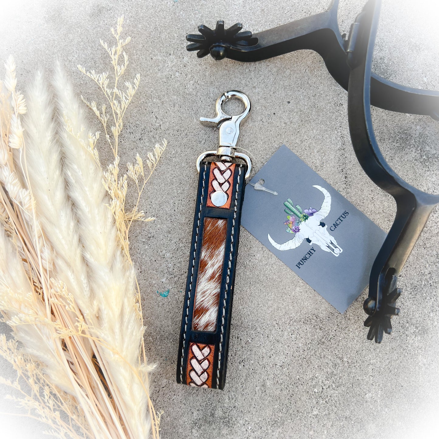 Braided Buckle Cowhide & Tooled Leather Western Keychain