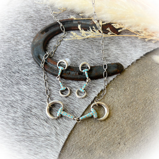 Turquoise Western Horse Bit Necklace & Earrings Set