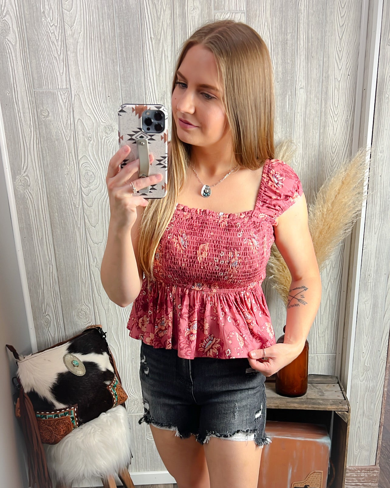 Rosy Bloom Smocked Boho Cap Sleeve Top