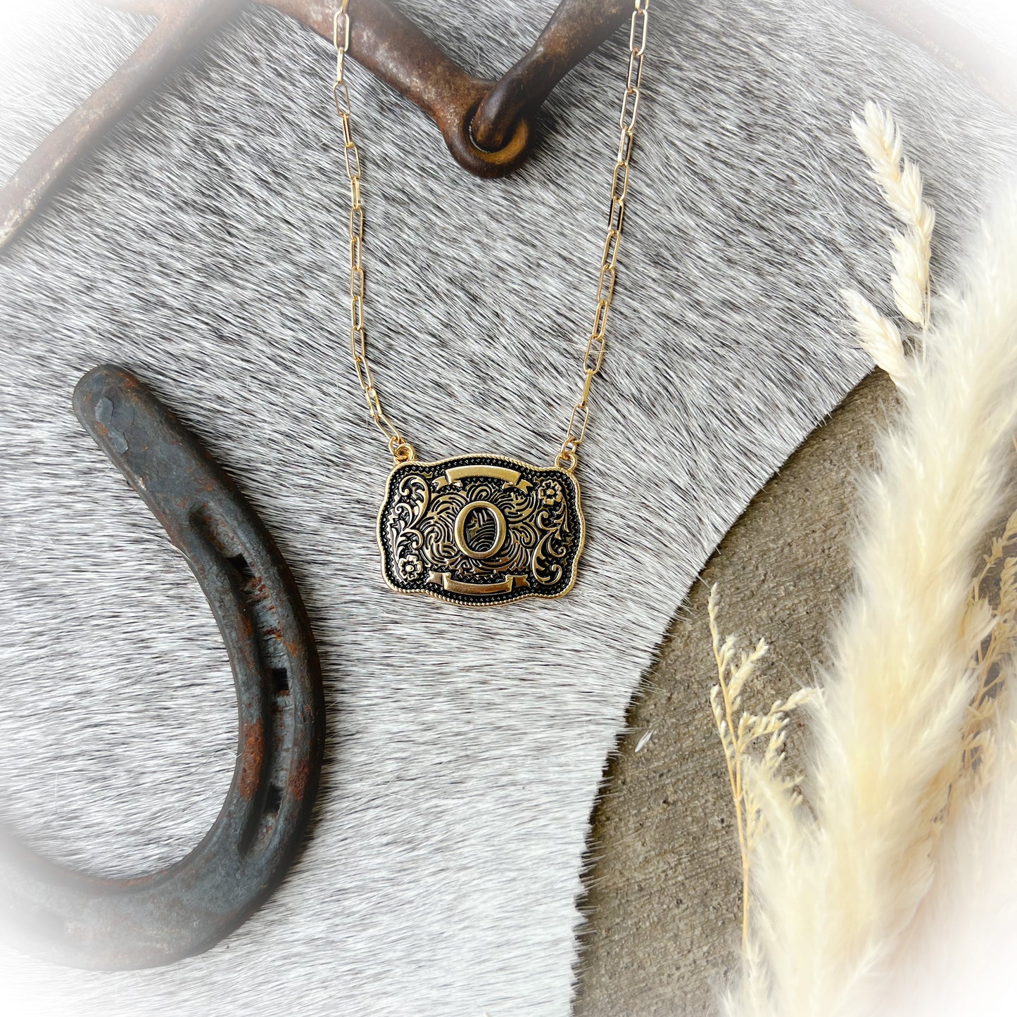 Western Buckle Initial Necklace - Antique Gold