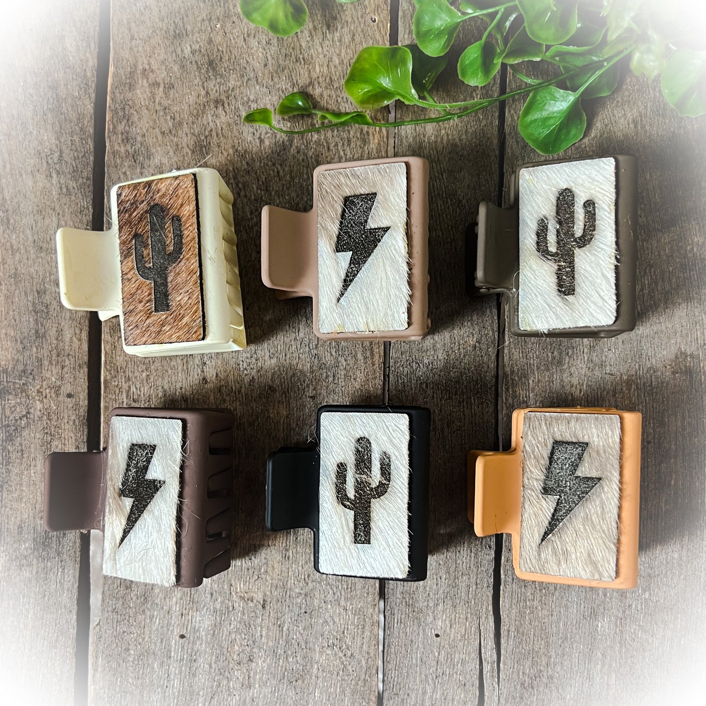 Cactus/Lightning Bolt Western Cowhide Claw Clips