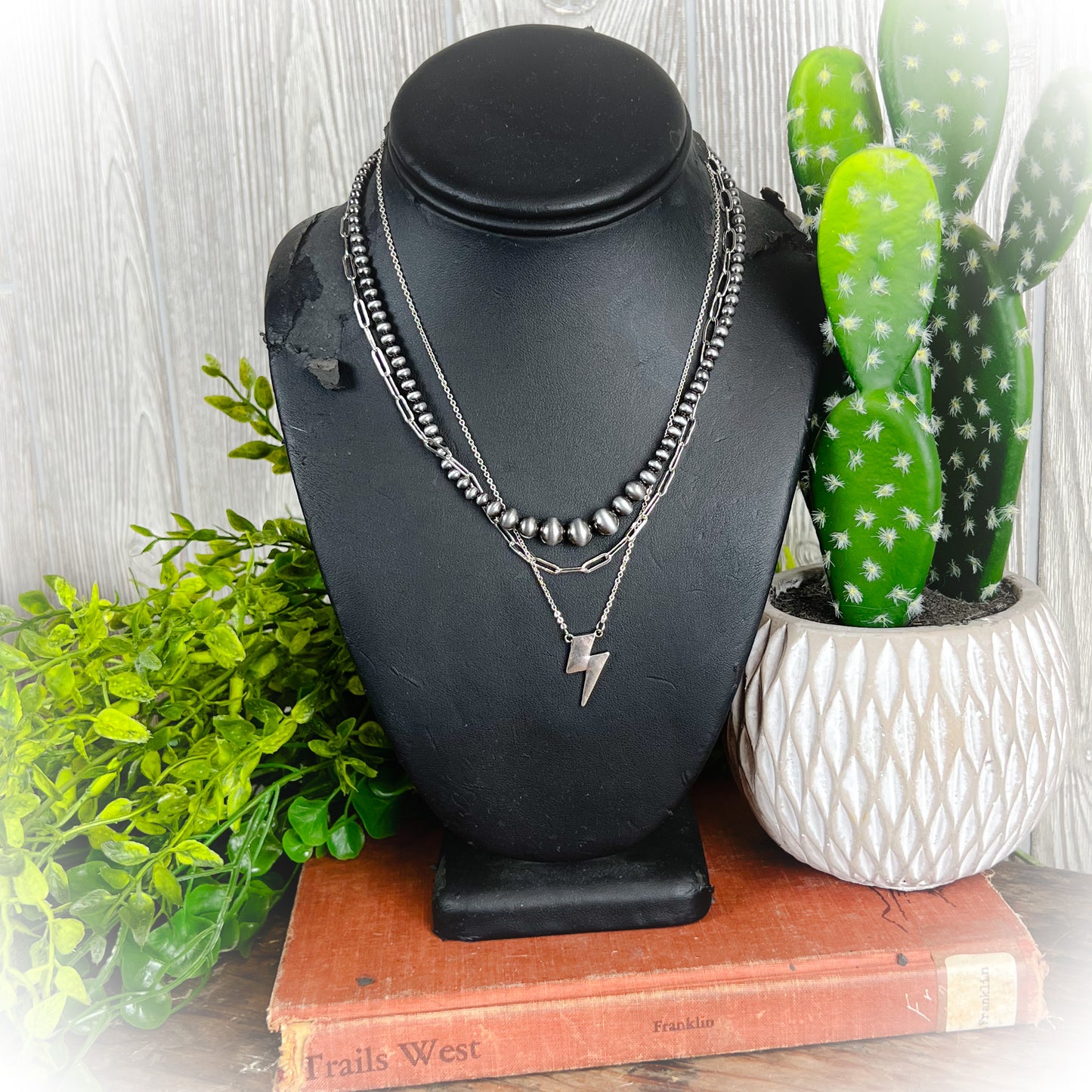 z-Silver Lightning Bolt Layered Necklace
