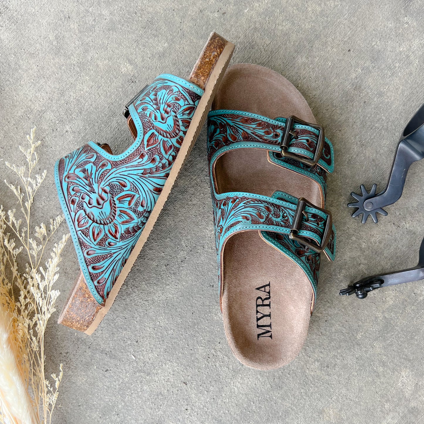 Rustic Rodeo Tooled Leather Slide Sandals – Turquoise & Brown