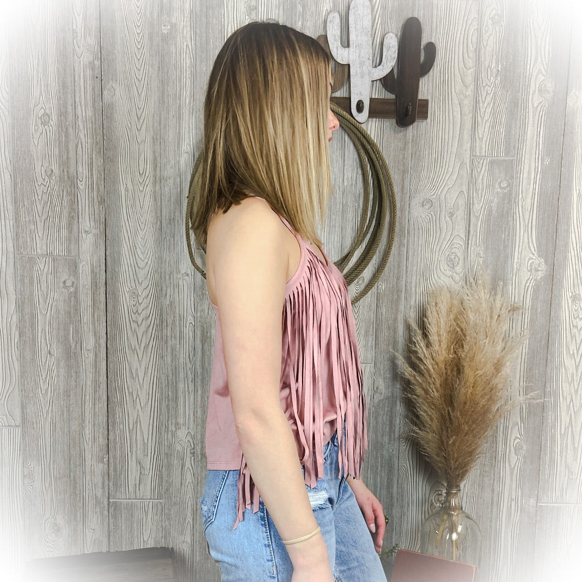 Mauve Fringe Suede Tank Top