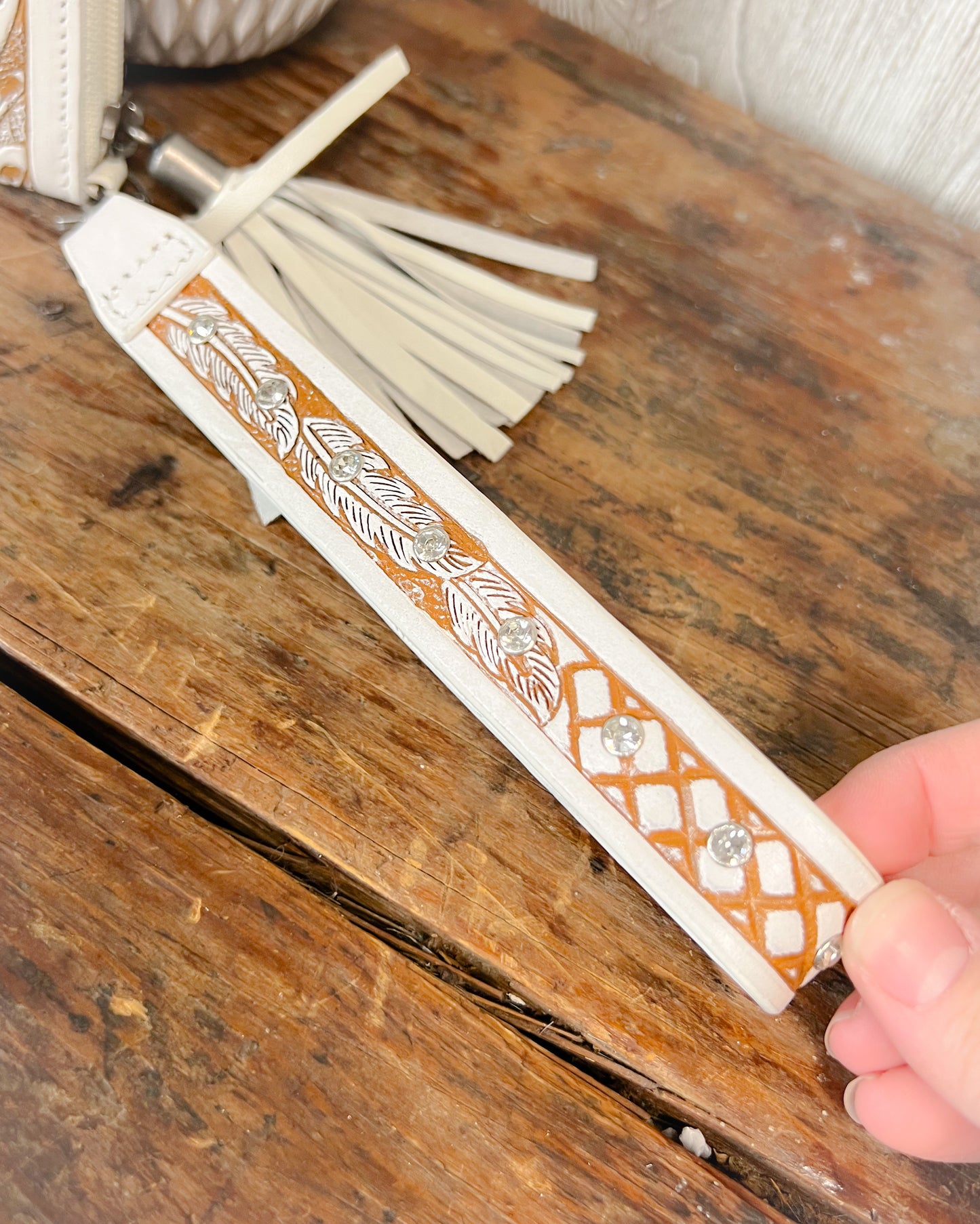 Wildflower Wishes Tooled Leather Wallet – White with Crystal Accents