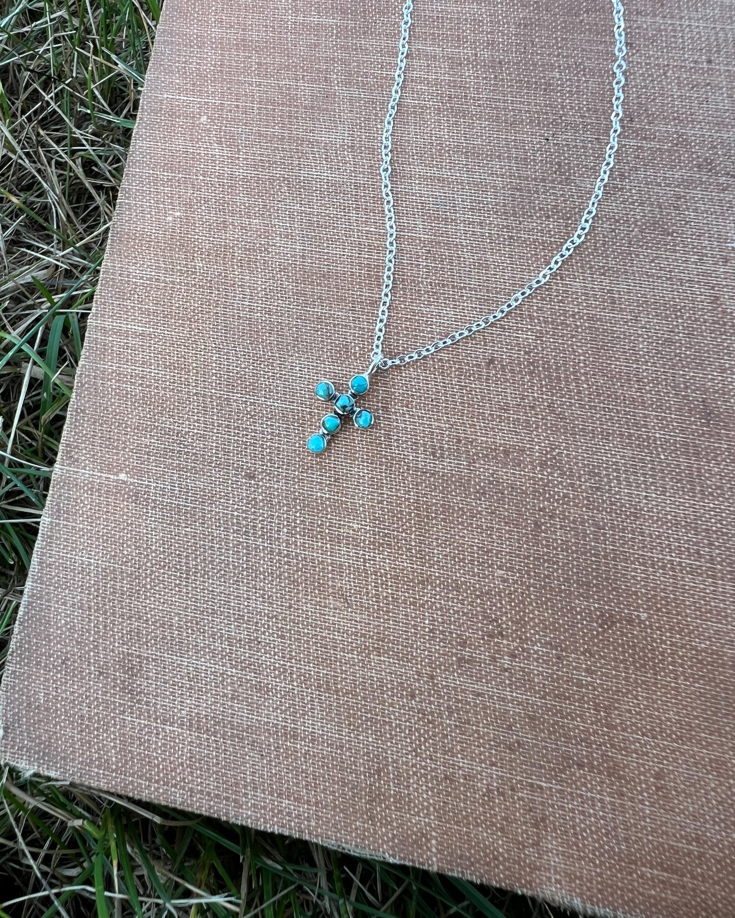 Dainty Turquoise Cross Necklace – Authentic Stones & Sterling Silver (16" + 3" Extender)