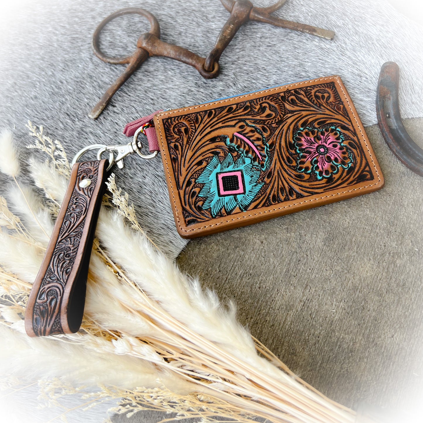 Aztec Design Western Tooled Leather Card Holder with Wristlet Strap