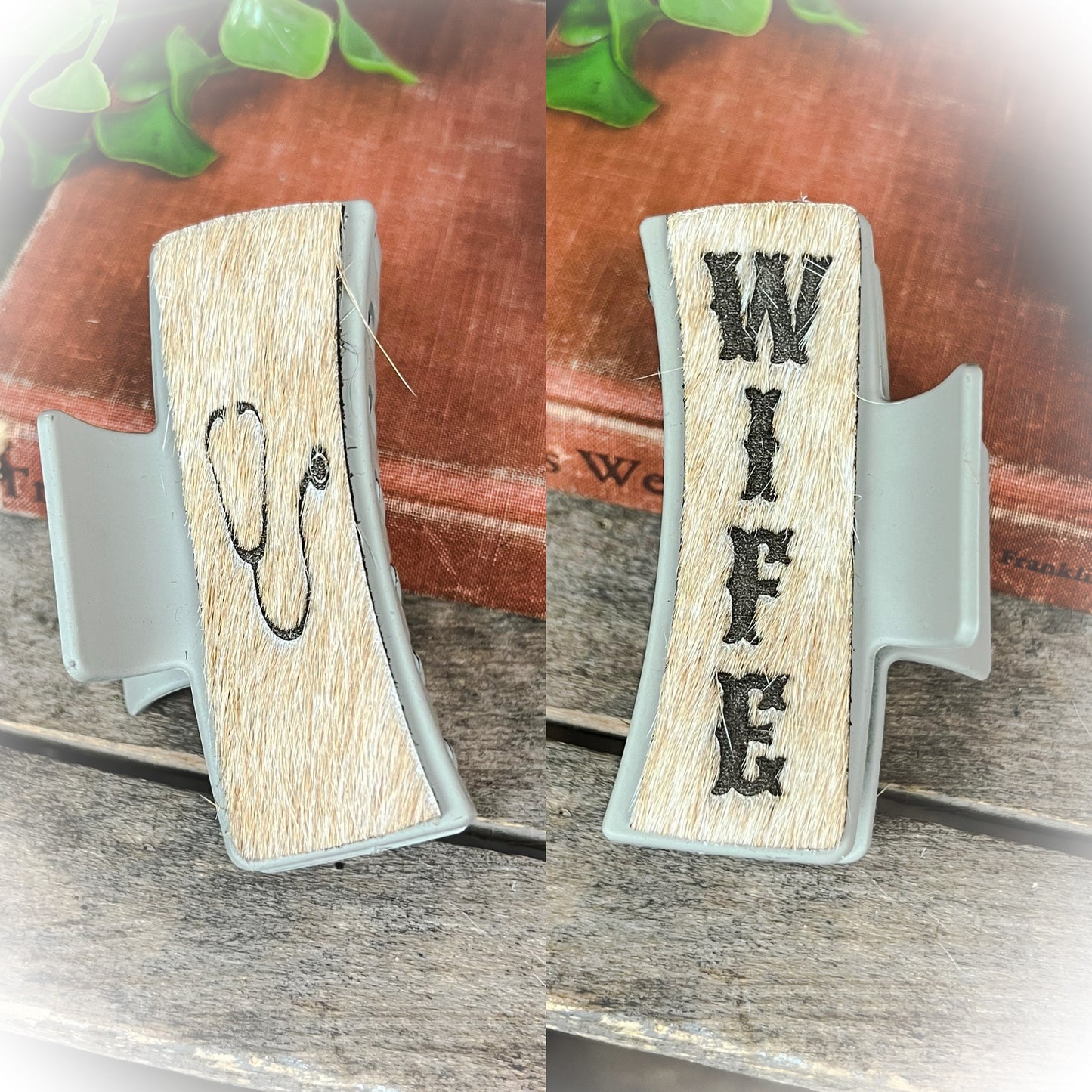 Wife/Stethoscope Cowhide Claw Clips