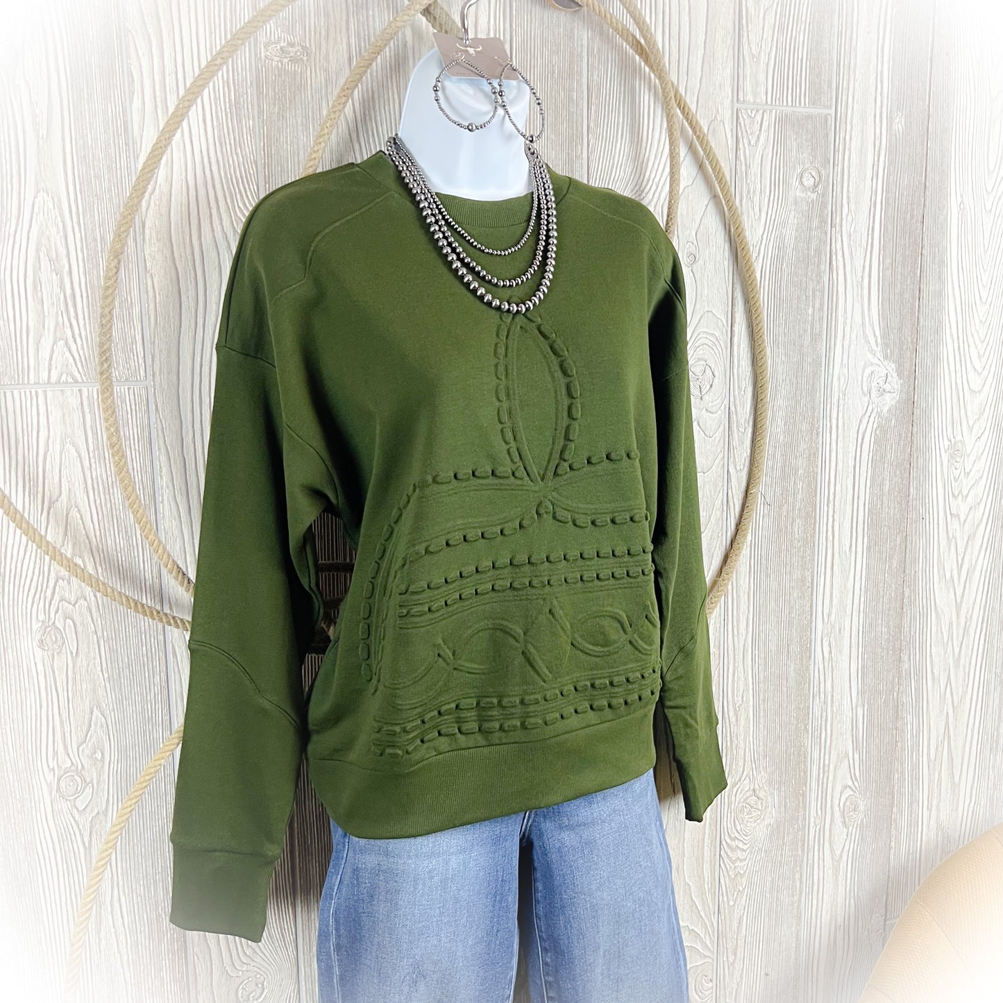 Cowpoke Boot Stitch Western Crewneck Sweater - Hunter Green