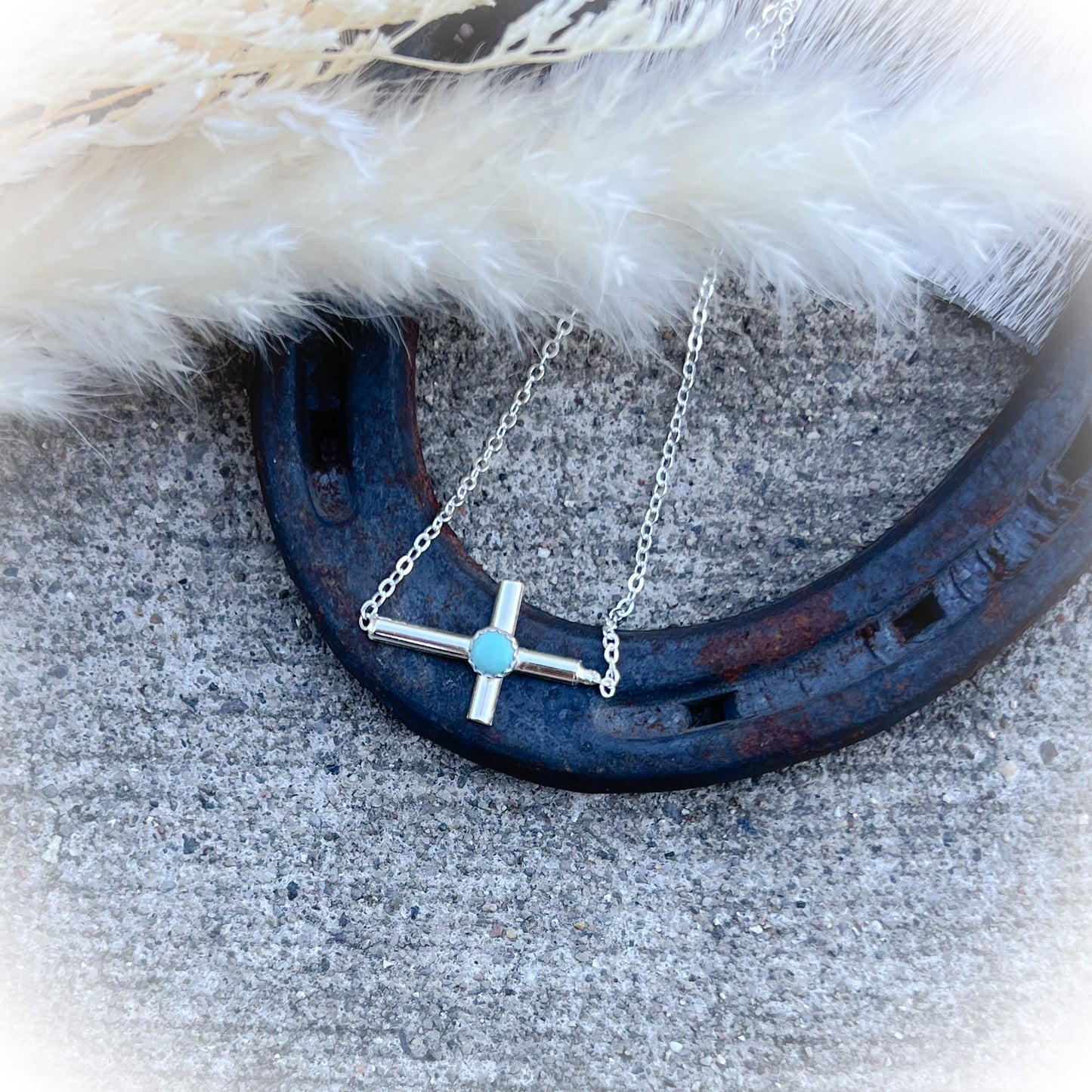 Horizontal Turquoise Cross Necklace - Sterling Silver