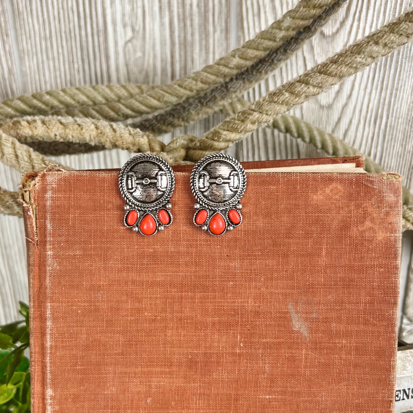 Red Western Concho Horse Bit Stud Earings