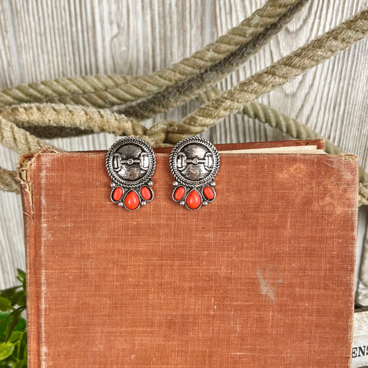 Red Western Concho Horse Bit Stud Earings