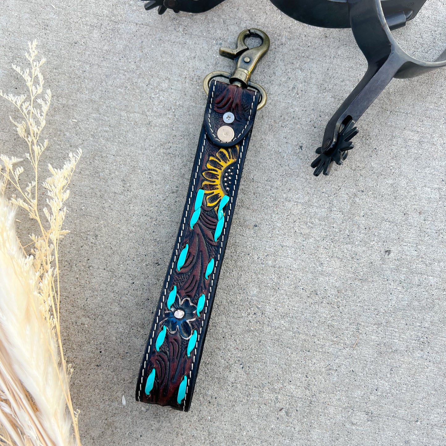 Sunflower Tooled Leather Keychain