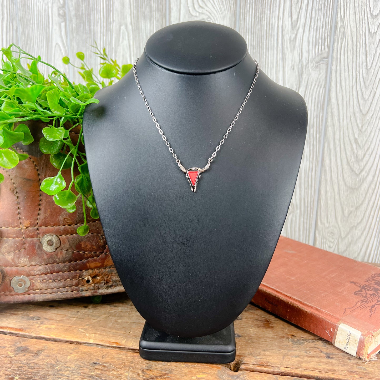 Western Steer Head Necklace - Red