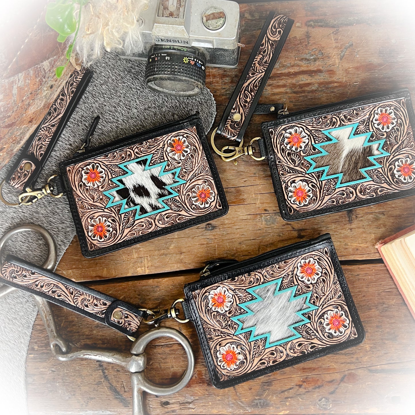 Western Nation Tooled Leather & Cowhide Card Holder