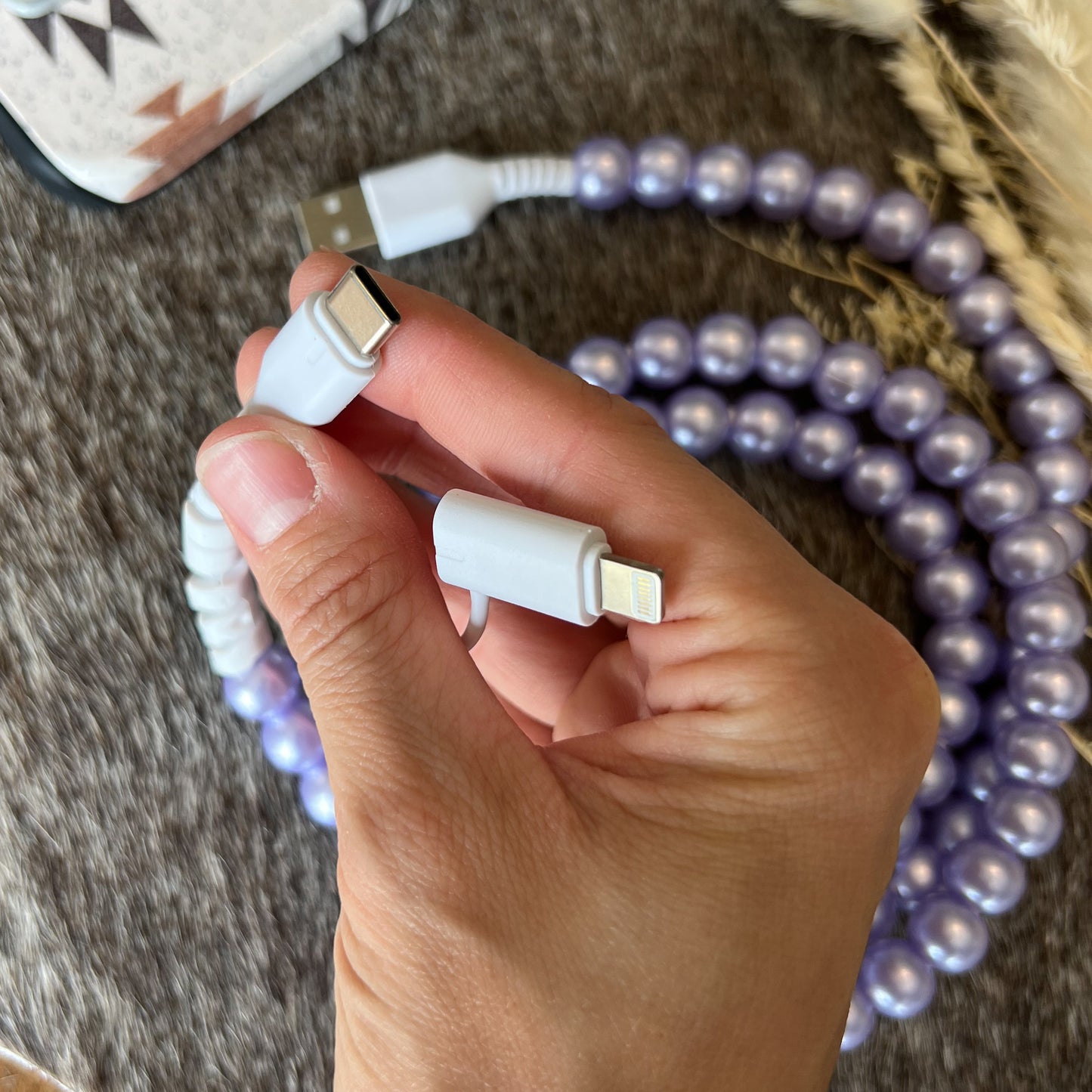 Purple Lavender Pearl Beaded Chargning Cord