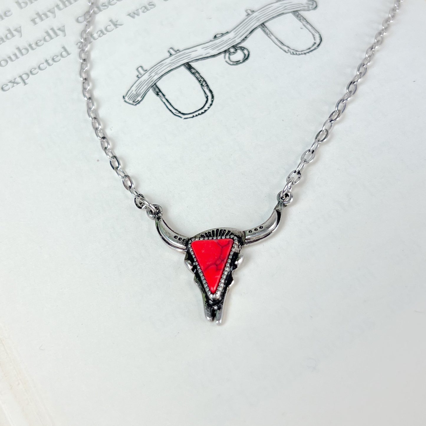 Western Steer Head Necklace - Red