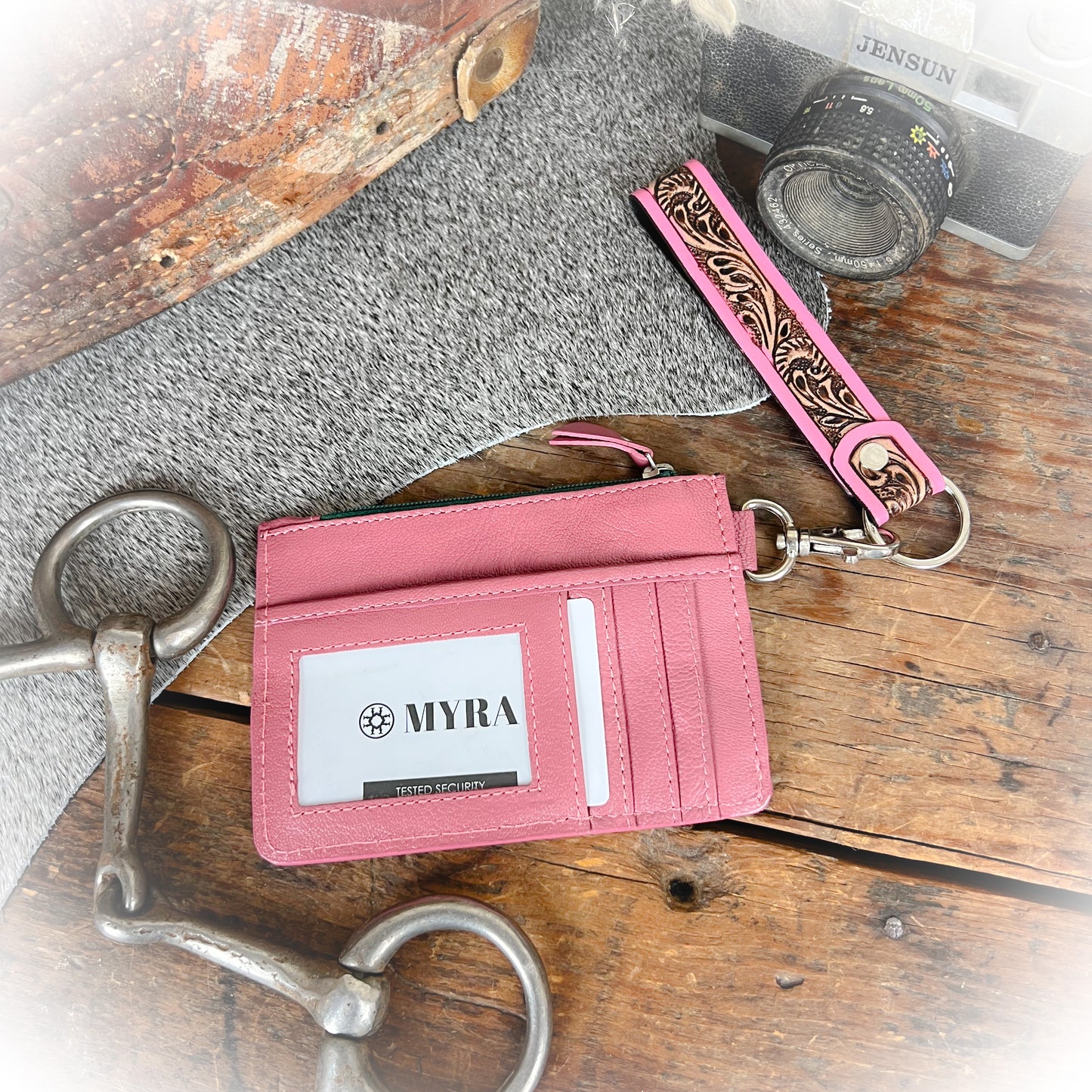 Prickly Cactus Pink Western Tooled Leather Card Holder