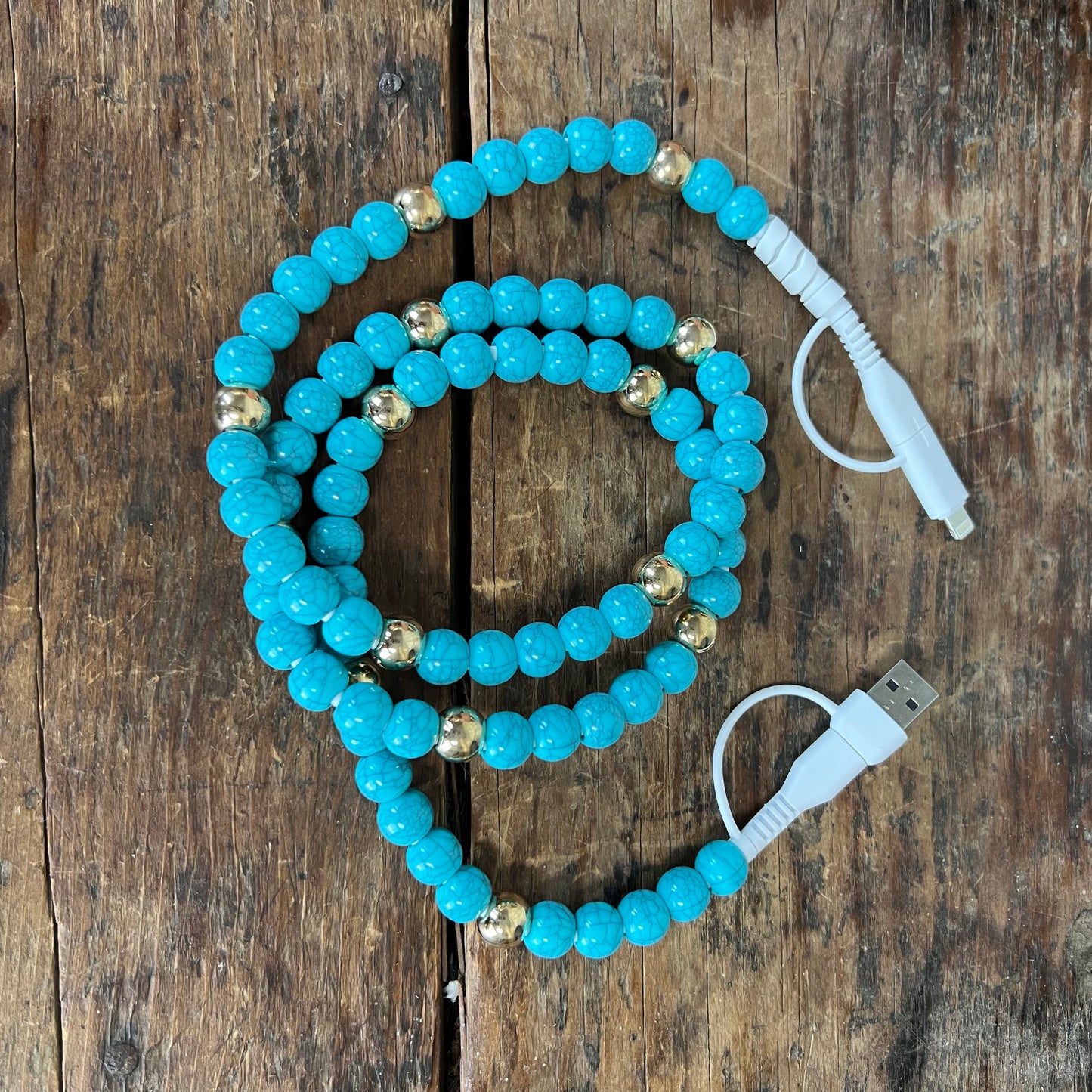 Gold & Turquoise Western Beaded 4-in-1 Phone Charging Cord