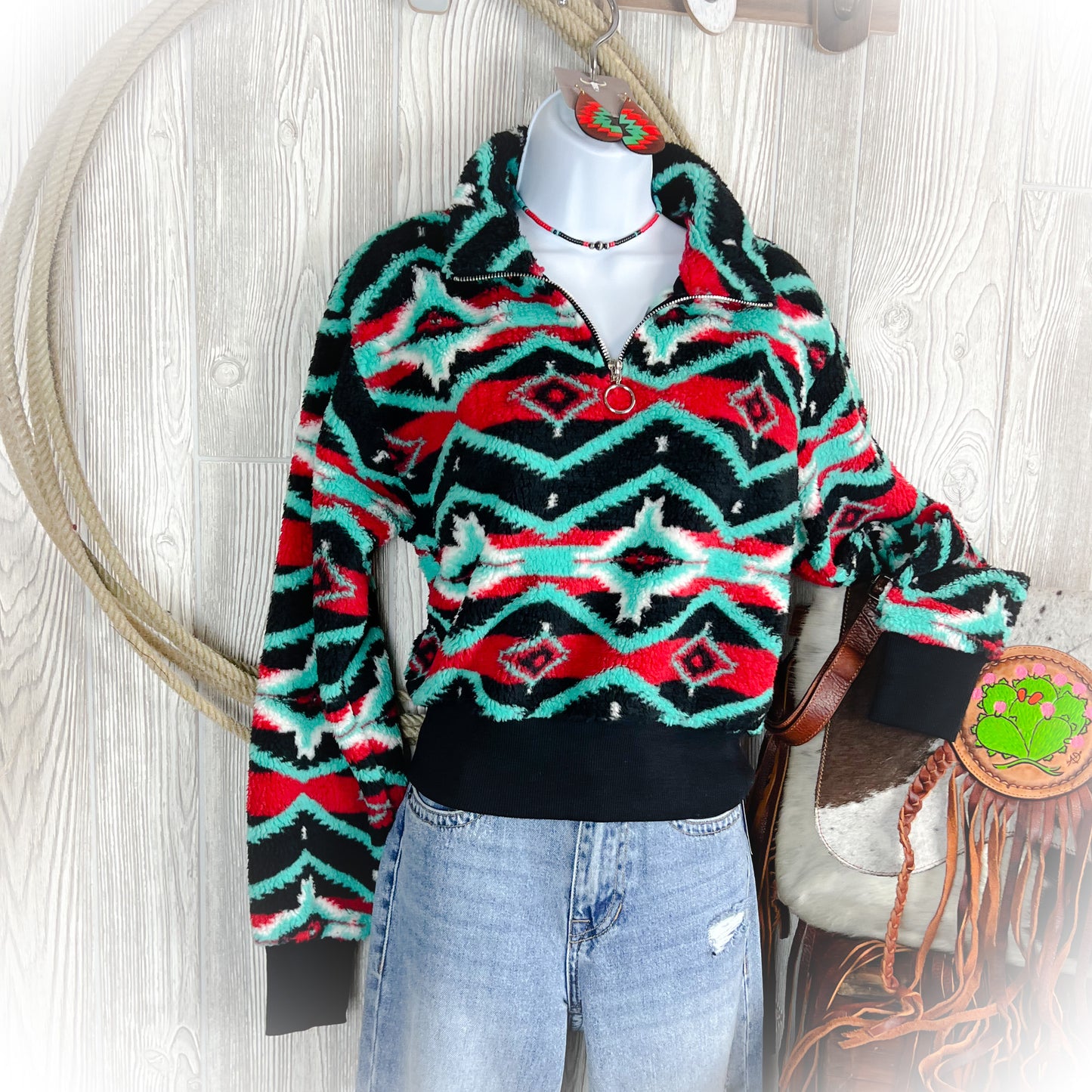 Aztec Sherpa Quarter Zip Sweater - Black
