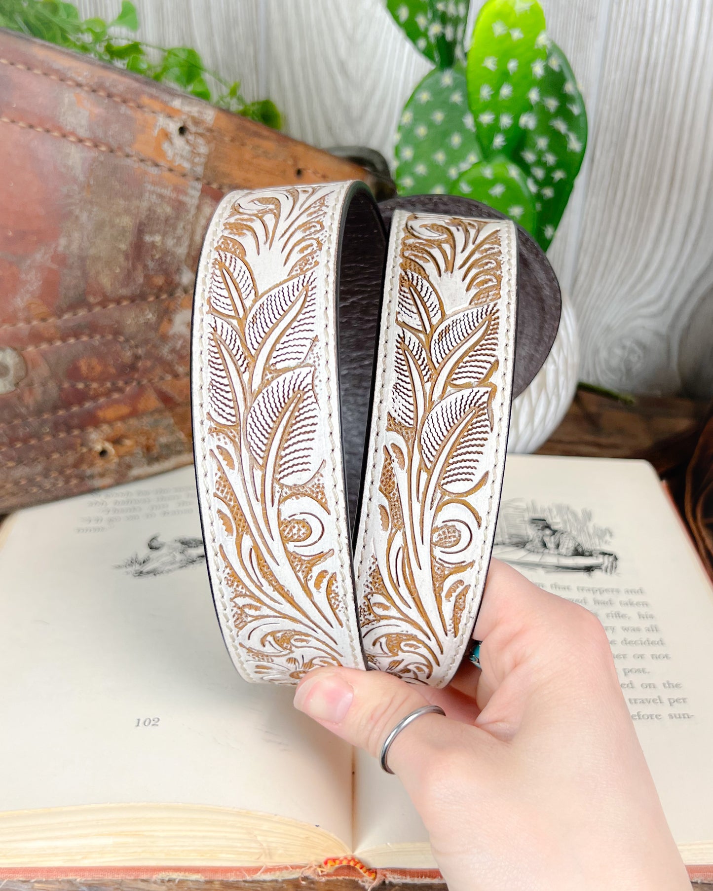 High Desert Tooled Leather Belt - White