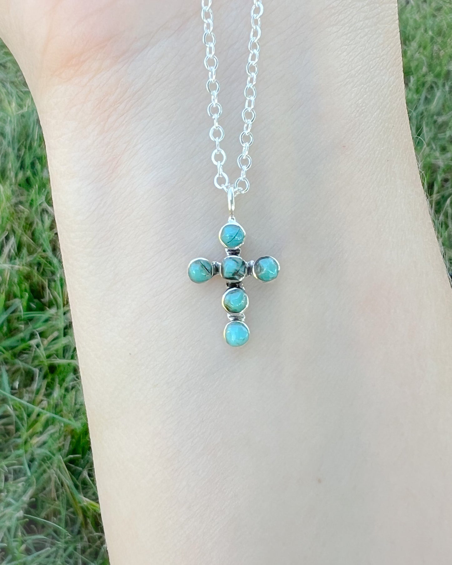 Dainty Turquoise Cross Necklace – Authentic Stones & Sterling Silver (16" + 3" Extender)