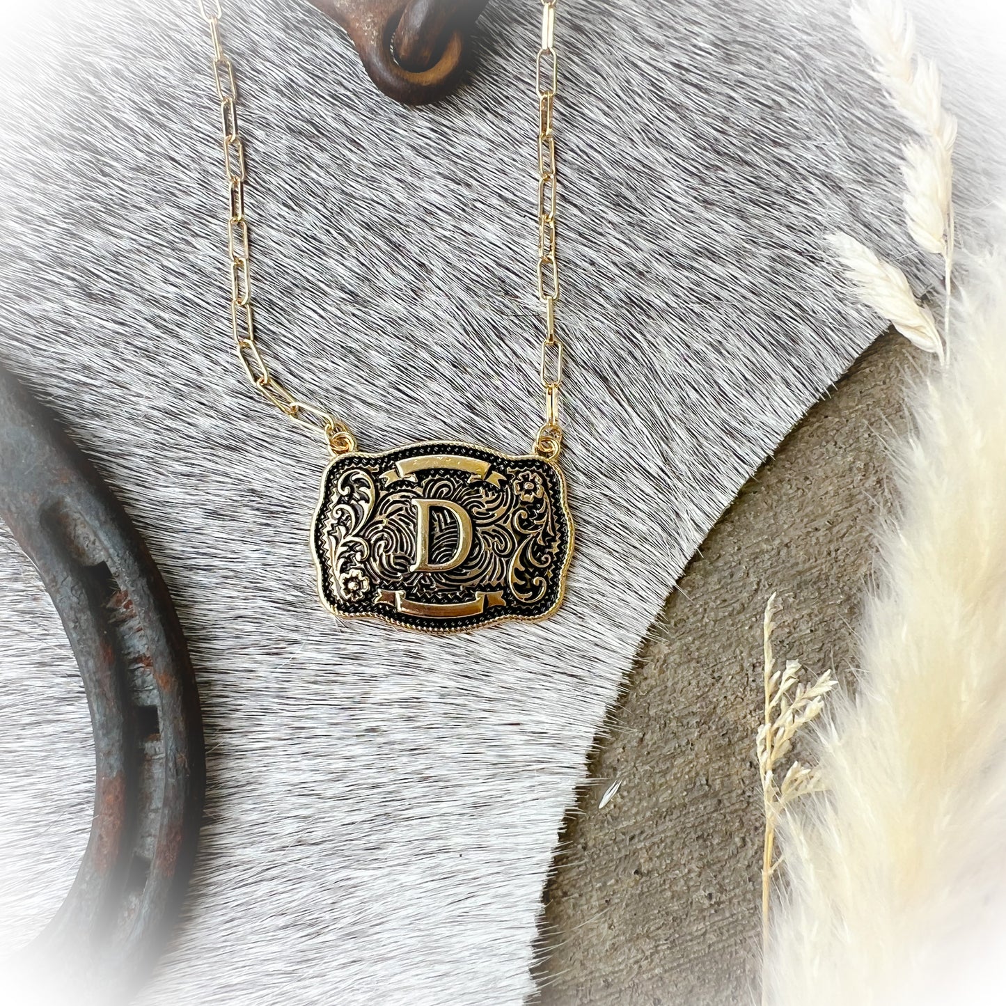 Western Buckle Initial Necklace - Antique Gold