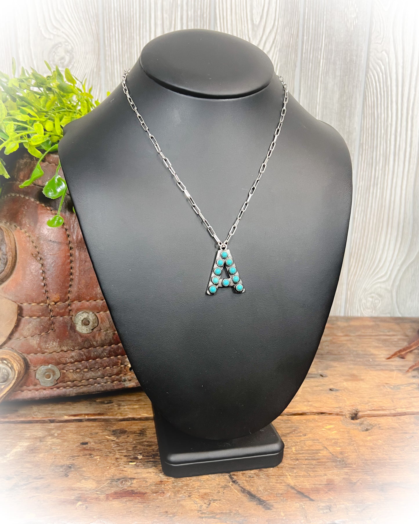 Western Turquoise Stone Initial Necklace