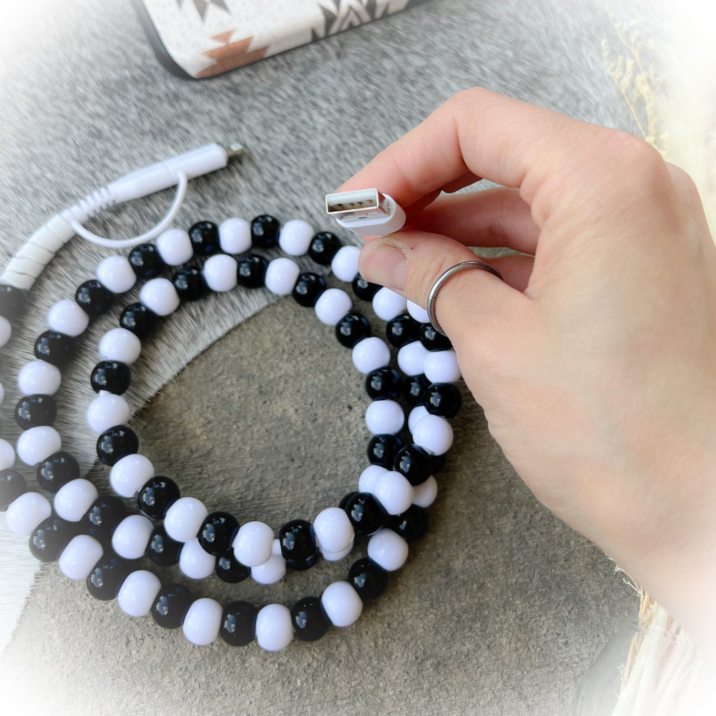 Black & White Beaded Charging Cord