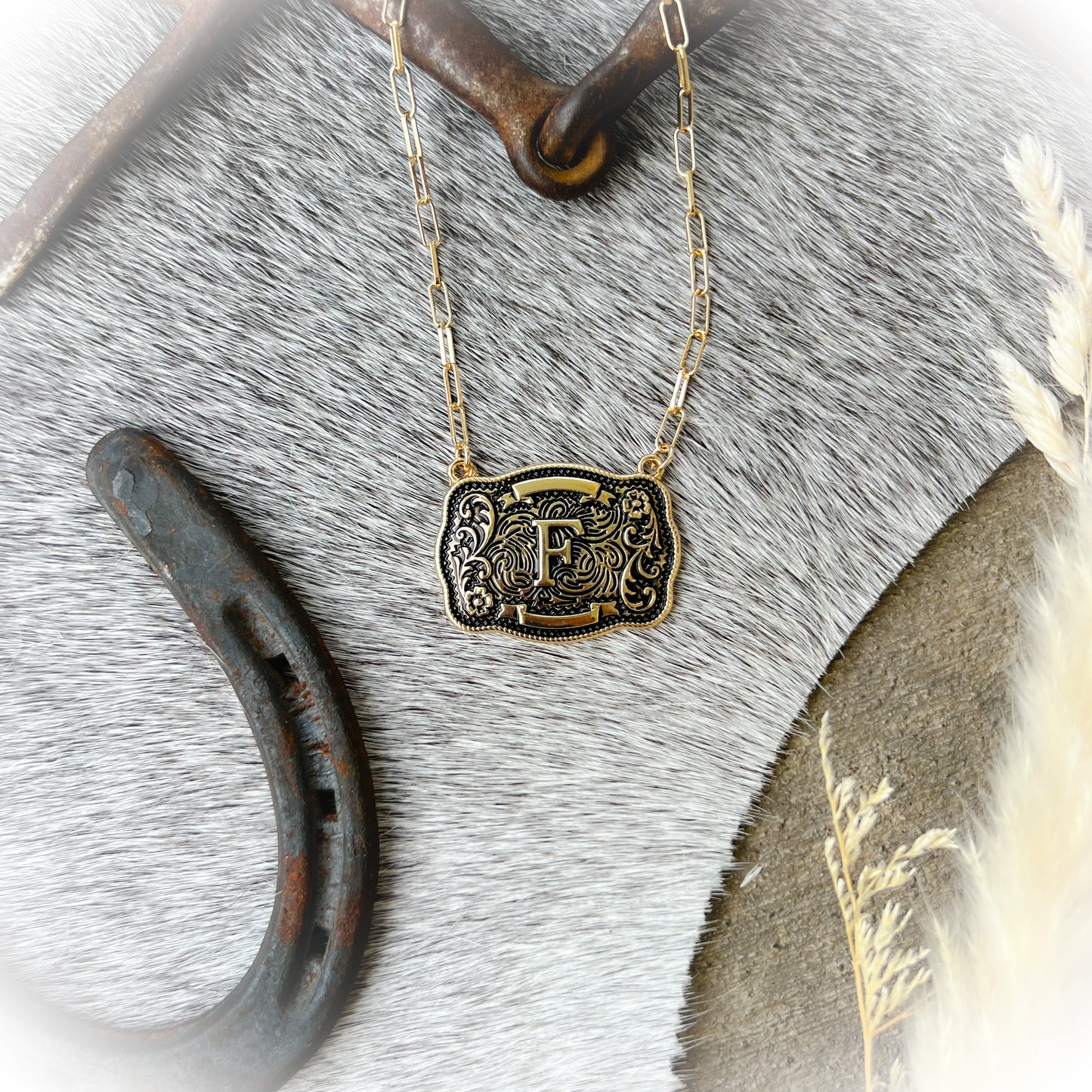 Western Buckle Initial Necklace - Antique Gold