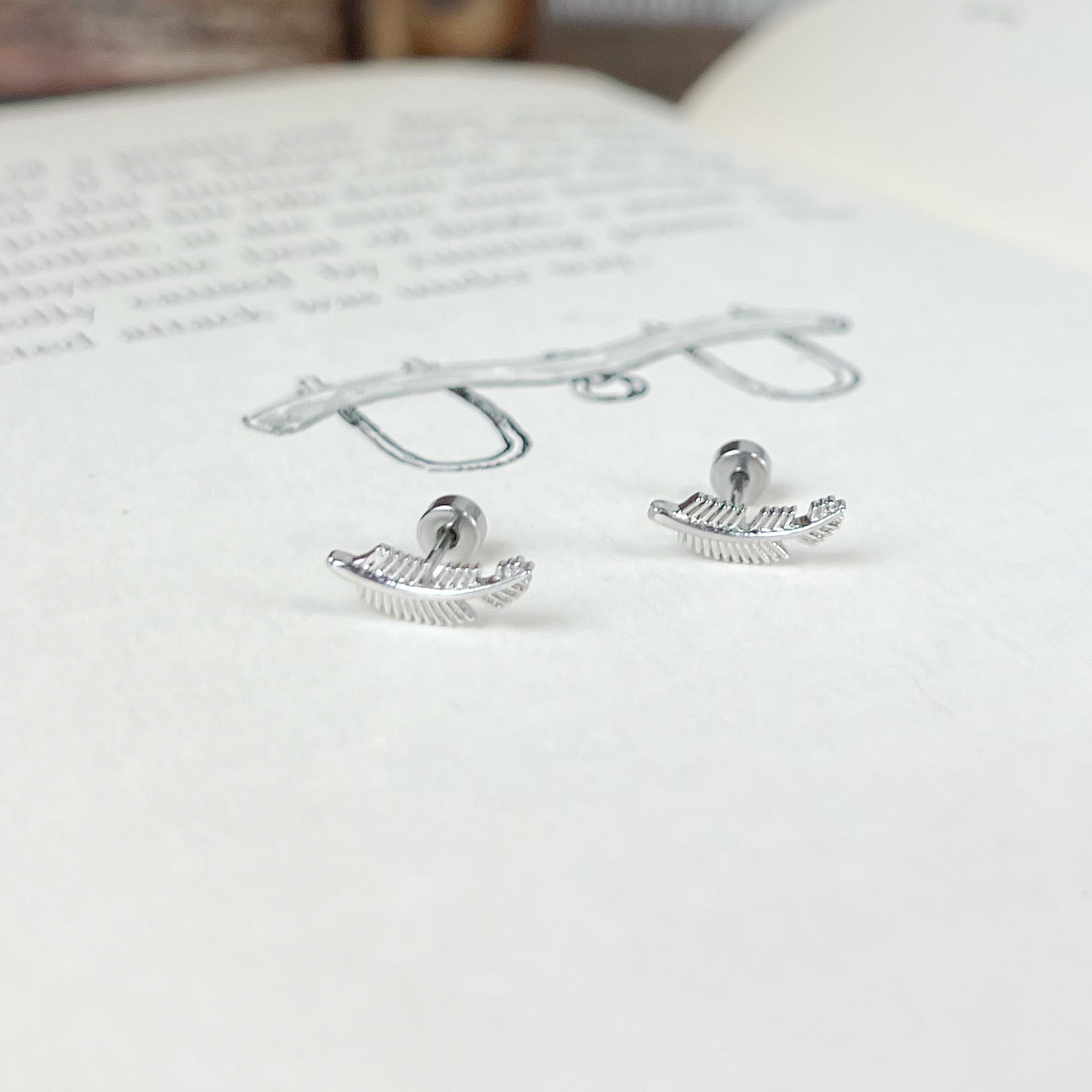 Feather Stainless Steel Flat Back Stud Earrings