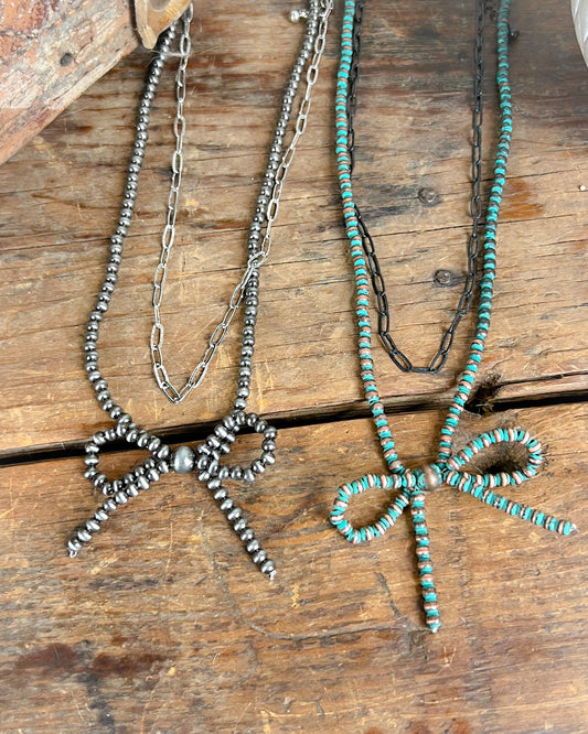 Navajo Style Pearl Bow Layered Necklace - Multiple Colors