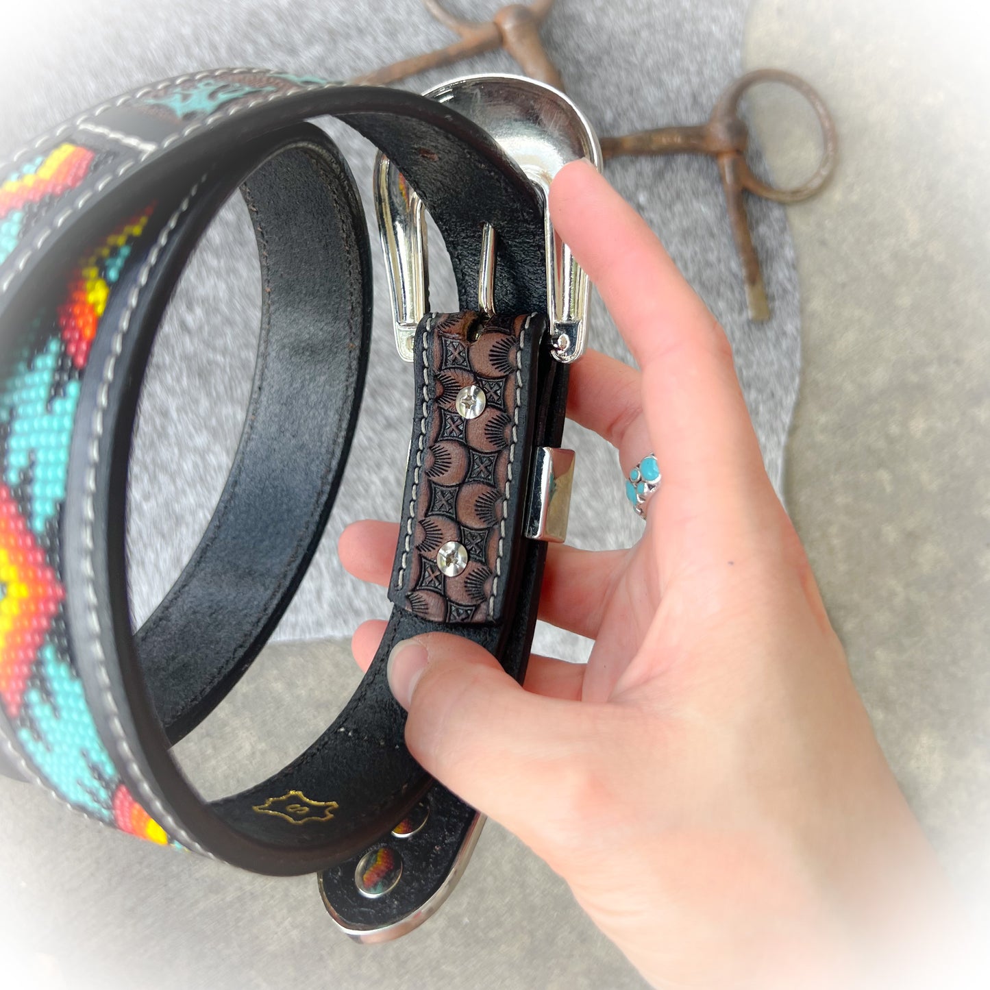 Moon Light Western Tooled Leather & Beaded Belt