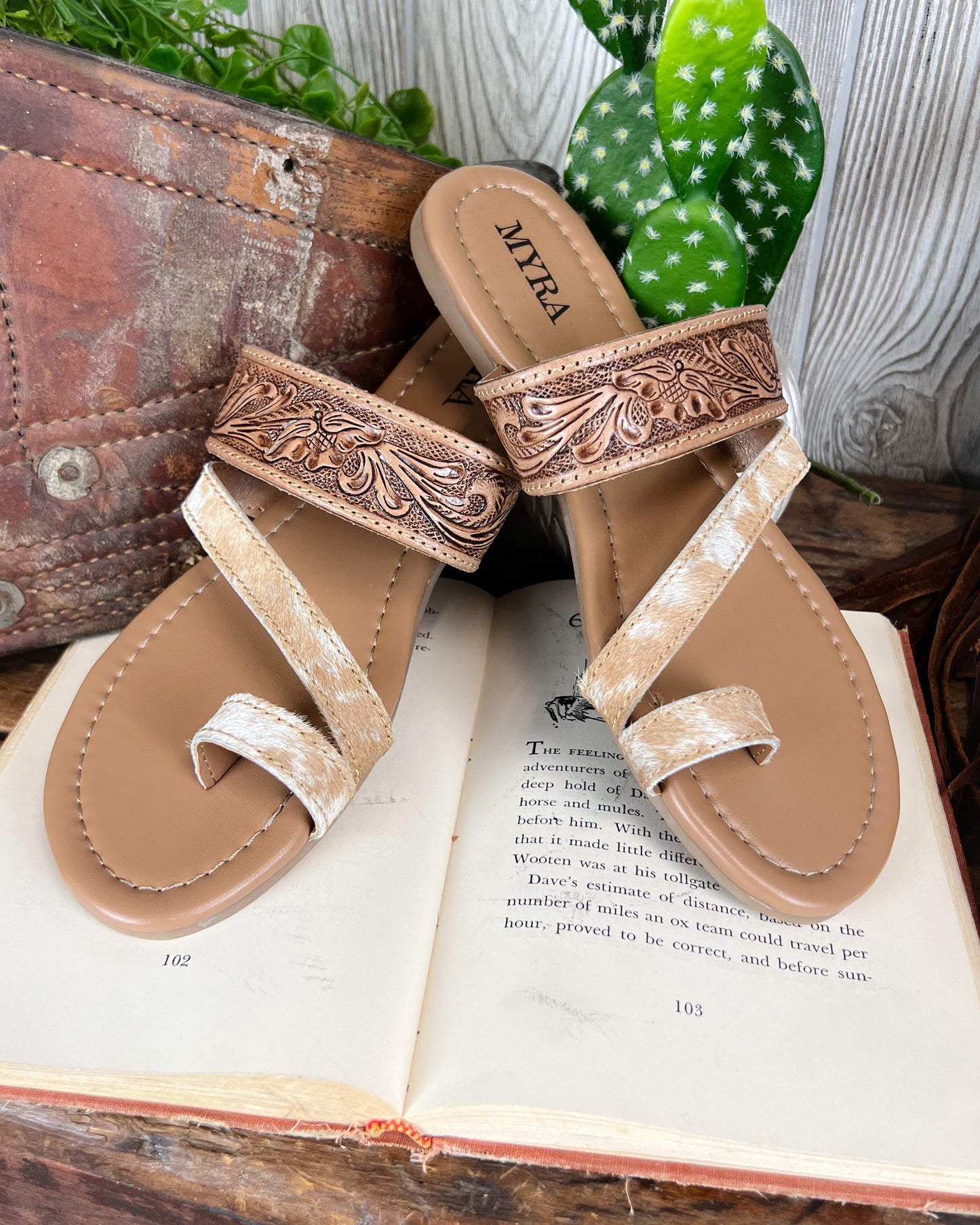 Tooled Leather & Cowhide Western Sandal