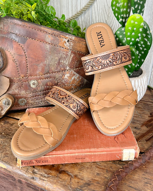 Tooled leather western sandals with sunflower design and braided toe strap