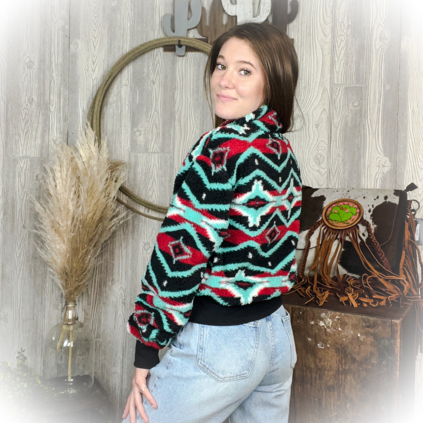 Aztec Sherpa Quarter Zip Sweater - Black