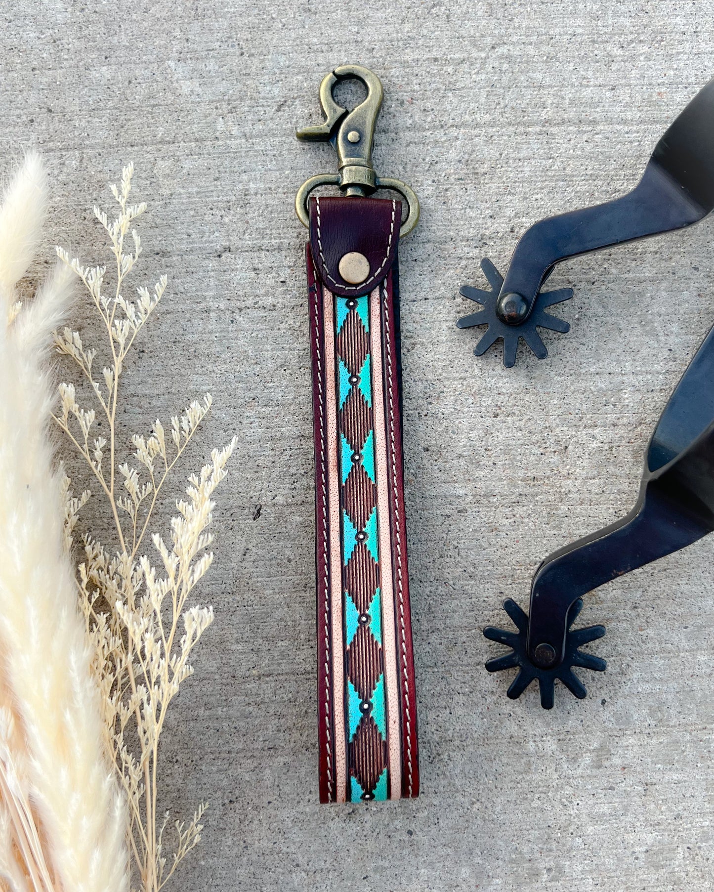 Southwest Teal Tooled Leather Western Keychain