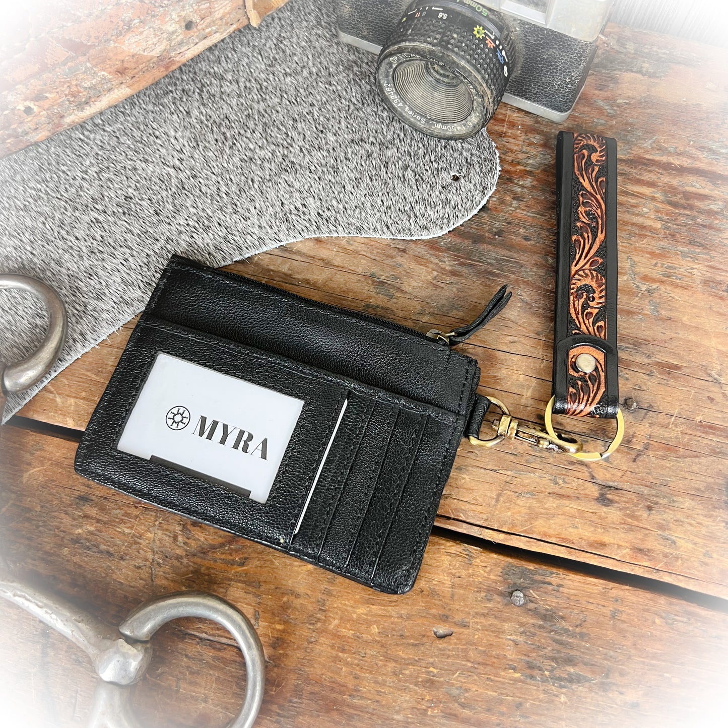 Cowboy Twilight Western Tooled Leather & Cowhide Card Holder