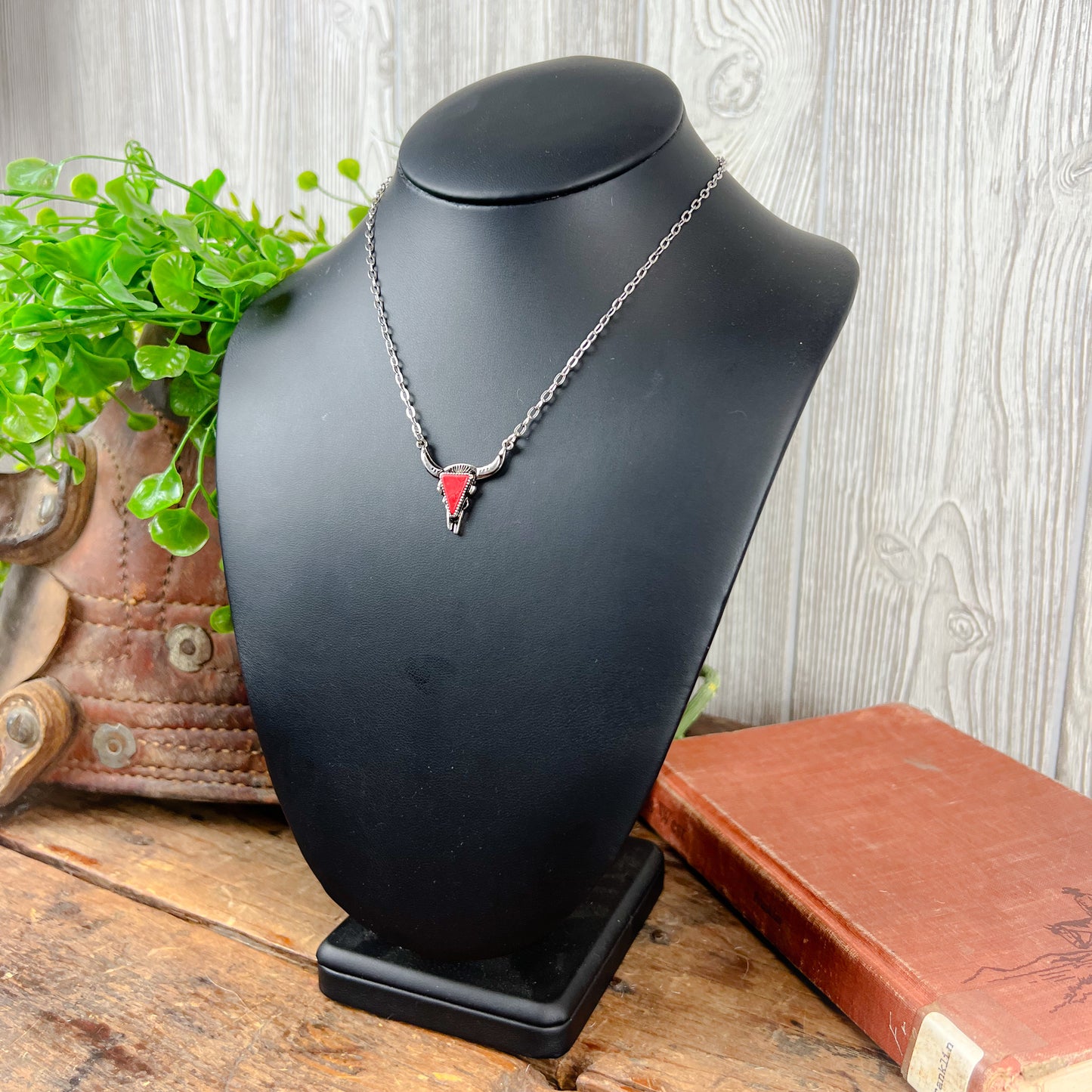 Western Steer Head Necklace - Red