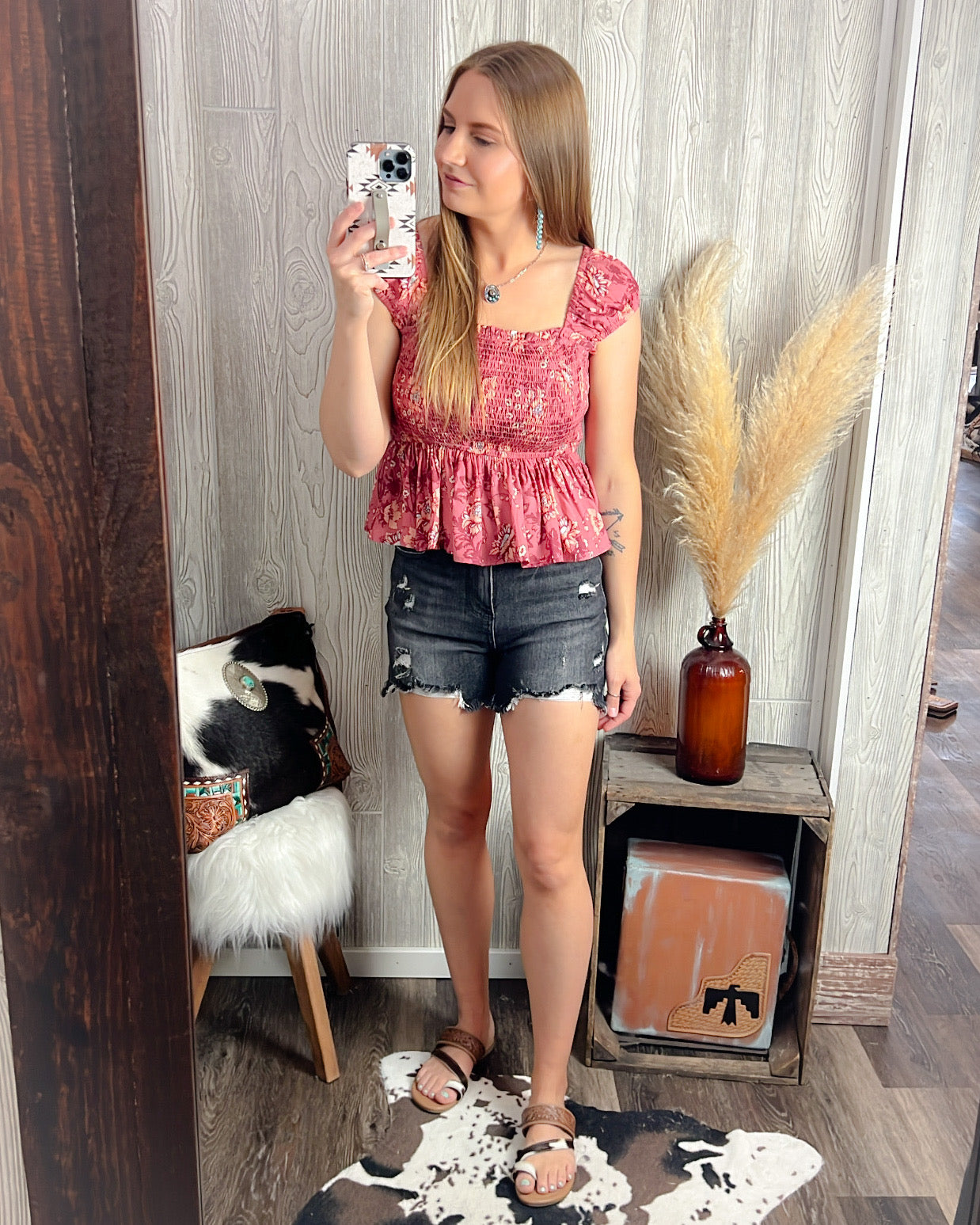 Rosy Bloom Smocked Boho Cap Sleeve Top