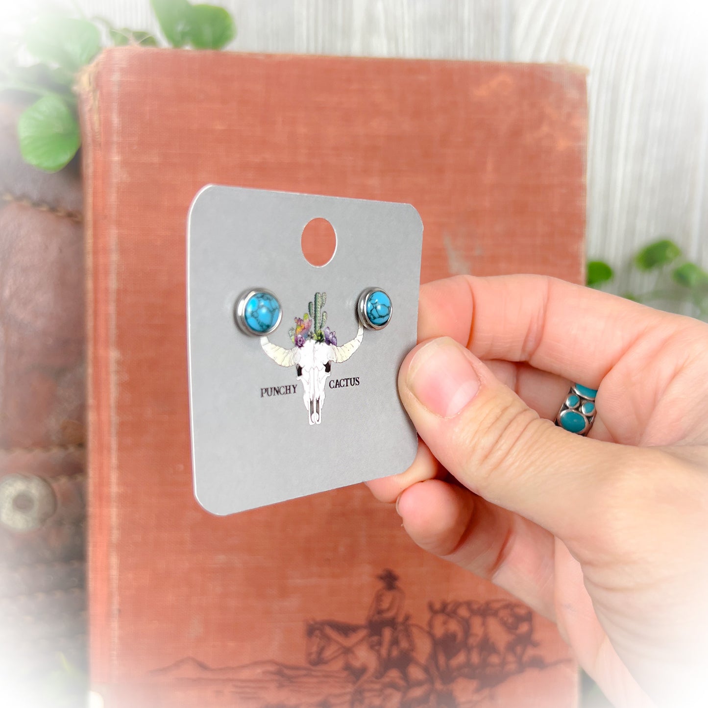 Faux Turquoise Stone Earrings - Stainless Steel & Flat Back