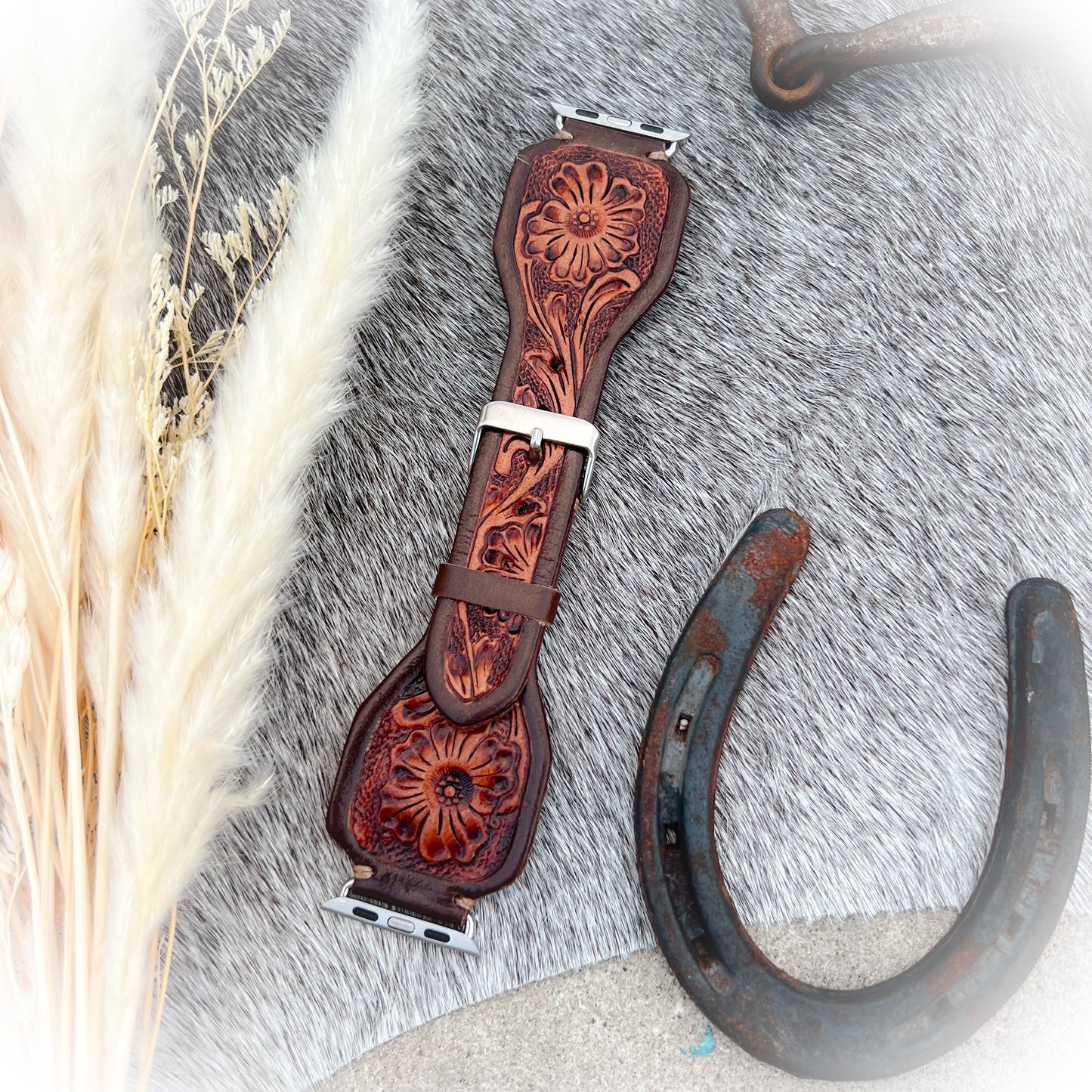 Lone Star Tooled Leather Watch Band - Antique Mahogany Color - 38mm-41mm